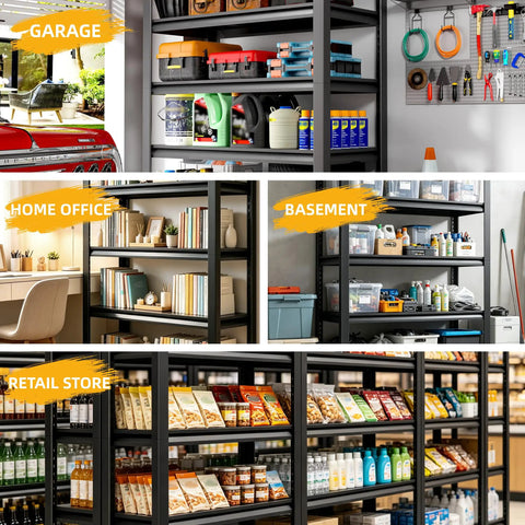 Heavy Duty Steel Storage Shelves 5 Tier Garage Shelving Unit 2 Pack 2000 Lbs Capacity in garage, home office, basement, and retail settings.