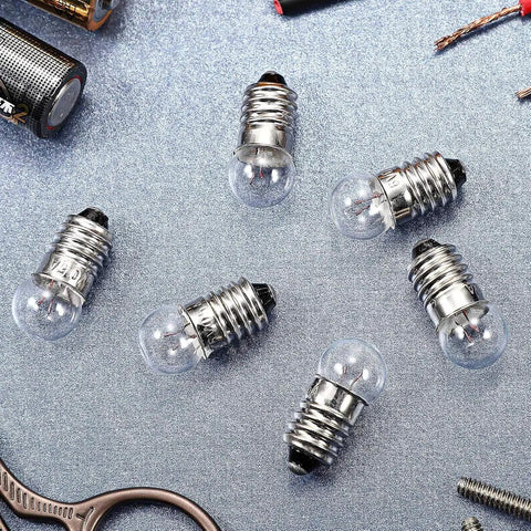 50 Pack E10 Miniature Screw Base Light Bulbs 3.8 Volt 0.3 Amp Mini Pilot Lamps showing six bulbs on a silver background.
