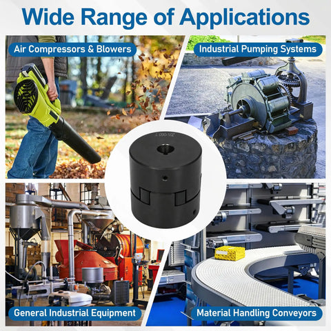 Heavy Duty L090 Flexible L Jaw Coupling Built Tough Swap Adapter For Log Splitters And Hydraulic Pumps 1/2 Inch To 7/8 Inch Bore shown with various applications.
