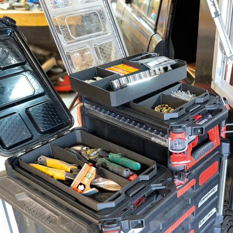 Four Compartment ABS Tool Tray For Milwaukee Packout Compatible Half Width Boxes with tools and hardware in garage setting