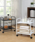 Zero Hassle Two Tier Metal Rolling Cart With Smooth Gliding Casters Slides Into Tight Corners Like A Dream Built Tough For Versatile Under Desk Storage Anywhere in black and white, showcasing everyday use.