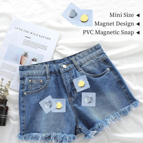 32 Pairs Invisible Hidden Magnetic Snap Buttons 1.18 Inch Tough As Nails Heavy Duty N33 Strong Magnets on denim shorts.