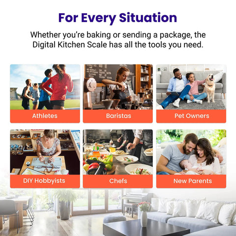 Collage of diverse users using 0.1g Precision Digital Kitchen Scale With Removable Bowl For Grams And Ounces Weighing Up To 11 Lb 5 Kg