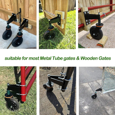 Eight Inch Heavy Duty Gate Rollers Two Pack installed on wooden and metal tube gates for smooth, sag-free movement.