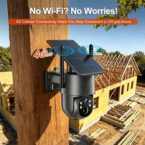 No Fuss Off Grid 4G LTE Cellular Wireless Security Camera For Remote Cabins Ranches And Pastures mounted on wood with solar panel.