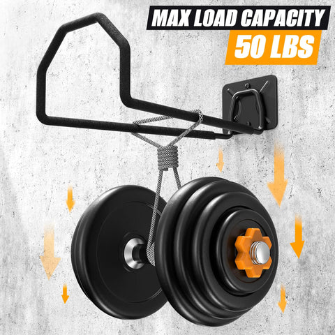 Badass Heavy Duty Garage Storage Hooks display with weights, featuring 50 lbs max load capacity and wall-mounted tool organizer design.