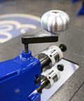Killer Metal Fabrication Bead Roller Knobs For Motorized Units, aluminum ergonomic handle on blue metal roller.