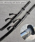 Two Pack High Strength Polypropylene Practice Swords For Martial Arts Training With Sheath Belt And Display Stand on grey fabric