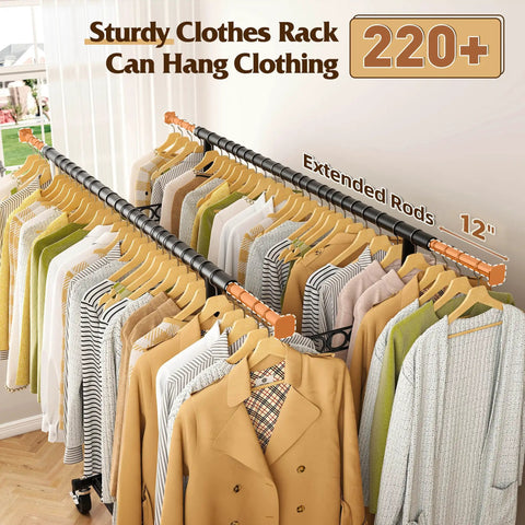 Rock Solid Heavy Duty Clothing Rack Featuring Double Hanging Rods And Commercial Grade Stainless Construction Built Tough For Master Bedroom Or Boutique Display Rooms with shirts and coats hung on extended rods.