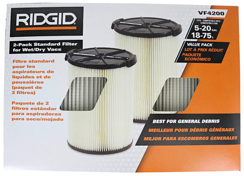 Ridgid 2-Pack Standard Filter VF4200 for Wet/Dry Vacs, compatible with One Layer Everyday Dirt Wet And Dry Vac Filter Replacement For 5 To 20 Gallon Vacuums And Husky 6 To 9 Gallon Models Two Pack VF4000 Compatible With Popular Shop Vacuums For Easy Cleaning And Long Lasting Performance