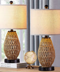 Touch Control Rattan Bedside Lamps Set Of 2 with 3 Way Dimming USB Ports and AC Outlet, wicker design, beige linen shades