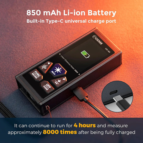 Professional Grade Rechargeable Dual Laser Distance Meter 393 Ft Range showing 850 mAh battery and Type-C charging port.