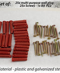 25 Dowel Fixing Kit With Nylon Collars Diameter 8x40 mm, 25 Yellow Wood Screws Diameter 5x40 mm, And PZ2 Quarter Inch Bit