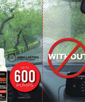 Fog Away Anti Fog Spray For Swim Goggles Glasses And Home Electronics Keeps Lenses Clear Instantly No Haze With Silicone Free Formula split view showing clear and fogged windshield outside a car.