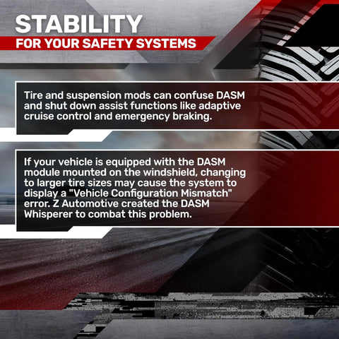 Image explaining DASM Whisperer for Jeep Wrangler JL and Gladiator JT stability systems and tire size compatibility.