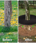 Before and after installation of 32.5 Inch Nonwoven Tree Mulch Ring Six Pack Reusable Weed Barrier Mat Degradable