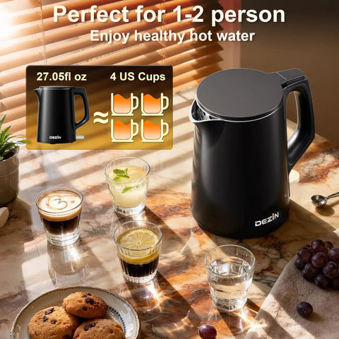 Compact 0.8L Travel Electric Kettle With Double Wall 304 Stainless Steel Auto Shut Off Portable Kettle displayed on a table.