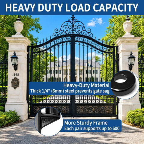 Heavy Duty Gate Hinges 2 Pack 304 Stainless Steel With Painted Coating Rock Solid Rust Resistant Outdoor Hardware Tough As Nails 5/8 Inch Pin Screws Included For Fence Gate Setup, showcasing a grand entry gate with thick steel design.