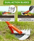 All Purpose Lawn Thatch Rake With 15 Inch Head Beefy 19 Tines 68 Inch Adjustable Handle Heavy Duty Metal Dethatcher dual-action blades shown