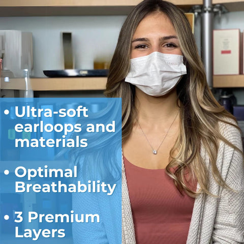 Woman wearing 125-Pack Disposable Face Masks 3-Ply Breathable Protection with Adjustable Nose Clip and Soft Earloops.