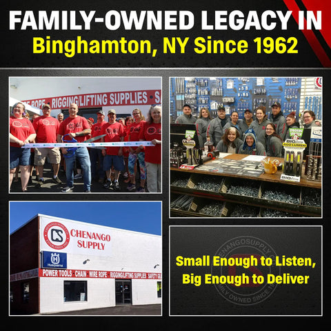 Family-owned store, Binghamton, NY, group of employees, tool section, store exterior, Chenango Supply, established 1962.