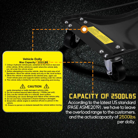 Heavy Duty Car Dolly Set Of 4 With Rock Solid Steel Wheels For Seamless Vehicle Hauling And A Massive Ten Thousand Pound Capacity showing dolly wheels and caution label.