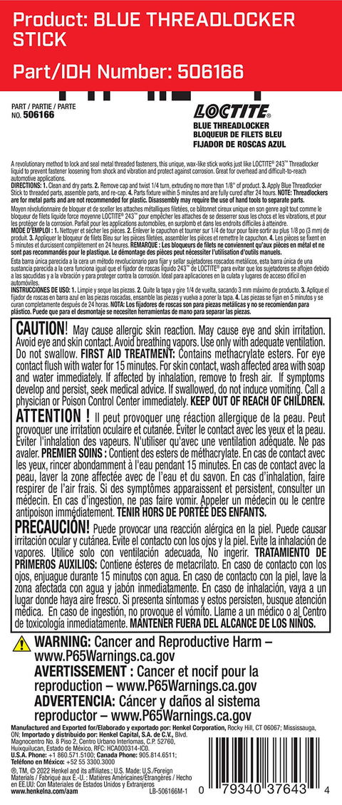 Product label for Blue Medium Strength Threadlocker Stick With Self Feeding Applicator, 9 Grams, Locks Metal Threads