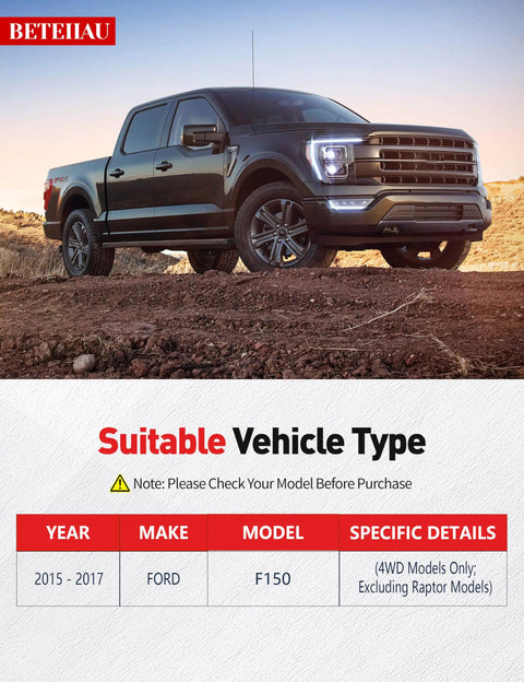 2015-2017 Ford F150 in black parked on dirt, showing suitability for 12PC Tough As Nails Suspension Kit For 2015 2017 Ford F 150 4WD.
