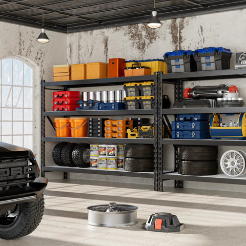 Straight Up Massive Garage Shelving Unit With An Actual 8000 LBS Weight Limit And Extra Wide Adjustable Four Tier Steel Racks Built Tough For Basement Gear Or Warehouse Hauling Black Storage Rack with tools and tires organized.