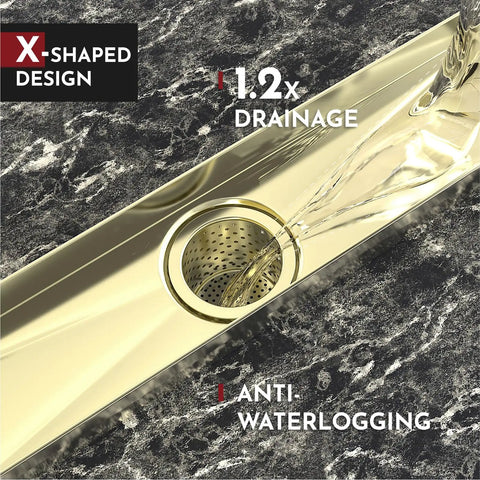 24 Inch Linear Shower Drain System With Capsule Pattern Grate And Removable Cover In Brushed Gold Pro Grade SUS304 Stainless Steel