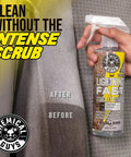 Lightning Fast Carpet And Upholstery Stain Extractor 16 Oz bottle used on car fabric showing before and after cleaning.