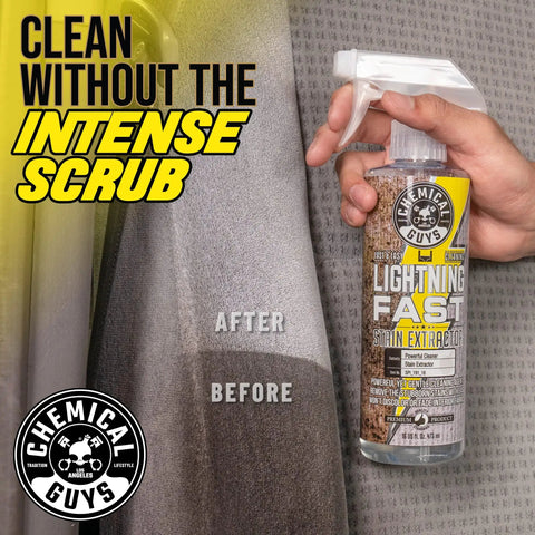 Lightning Fast Carpet And Upholstery Stain Extractor 16 Oz bottle used on car fabric showing before and after cleaning.