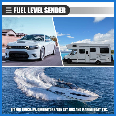 Universal Marine Fuel Sending Unit Float Replacement Stainless Steel Gas Diesel Level Sensor with trucks, RV, and boat in use.