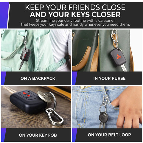 4 Piece Multipurpose Keychain Clip Set With Secure Zinc Carabiner And Steel Keyring on backpack, purse, key fob, belt loop