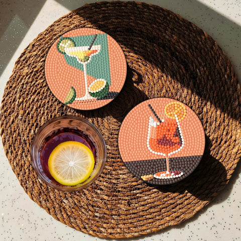 8 Piece Dope Cocktail Diamond Painting Coaster Set With Holder For Drinks And Coffee Table on woven mat