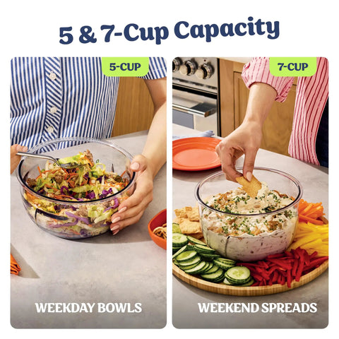 Five In One Food Prep And Storage Bowl System With Crinkle Slicing Shredding Functions dual containers filled with salad and dip.