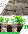 Before and after of 2 Pack Underground Worm Composting Bin Set Durable Metal Wire Bins With Holes And Lid For Recycling Kitchen Waste Outdoors Garden Use Great For Backyards And Veggie Patches, showing barren land transformed into fertile soil with lush plants.