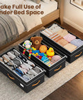 Adjustable Under Bed Storage Bins With Smooth Rollers Rolling Closet Organizers For Clothes And Shoes Flexible Height Expands To Fit All Frames Glides Under Beds Easy To Keep Your Room Lookin Clean filled with shoes and toys under a bed