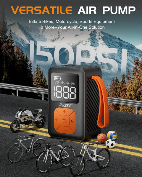 Mini Bike Pump With Gauge Portable 150 PSI Electric Tire Inflator next to miniature bikes and sports items against a mountain backdrop
