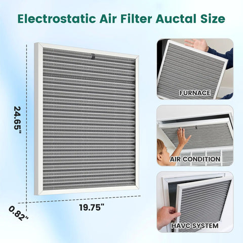 Heavy Duty Two Pack Washable Air Filters Built To Rock Your Furnace And Ac Setup While Kicking Pet Dander To The Curb With Easy No Sweat Cleanup And Lifelong Merv Eight Protection, measuring 19.75x24.65x0.82 inches, displayed with dimensions.
