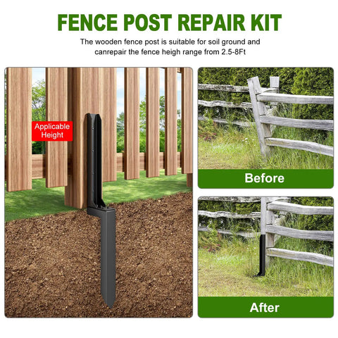 Heavy Duty Fence Post Repair Kit With Reinforced Steel Anchors To Square Up Lean Wooden Posts And Sturdy 4 Pack Yard Fixing Set For Rock Solid Outdoor Fencing Support, showing before and after repairing panels.
