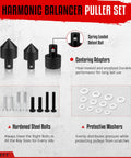 Harmonic Balancer Puller Set with adapters, bolts, washers, featuring heat-treated steel components for automotive use.