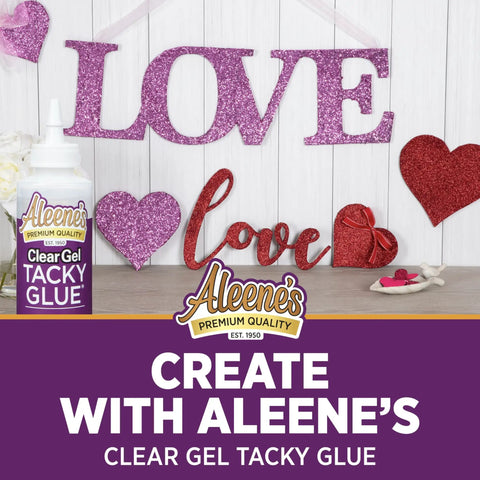 Clear Gel Tacky Glue For Crafts And Slime, 4 Oz Bottle, Water Cleanup, Dries Quick, next to decorated 'LOVE' craft display