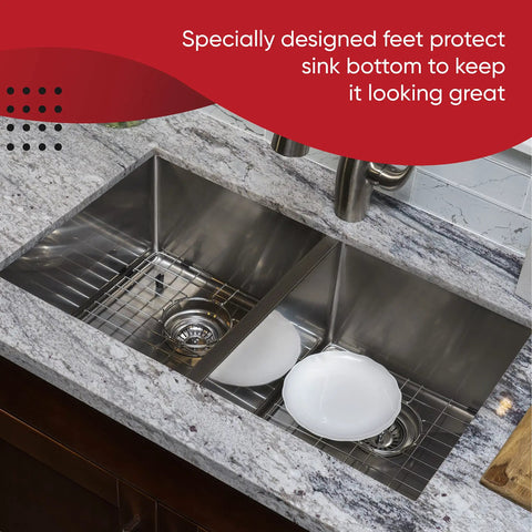Stainless Steel Kitchen Sink Protector Grid 14.37 x 12.5 Inch 2 Pack Bottom Of Sink Rack in use with dishes, drain opening visible