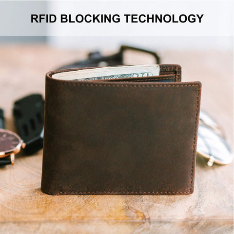 RFID Blocking Leather Wallet for Men with Extra Capacity Bifold Design Eight Card Slots displayed on a table.