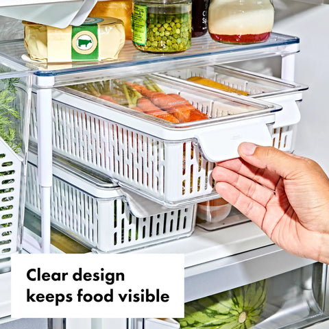 Produce Saver Bin With Adjustable Divider For Fresh Produce Storage In Fridge Medium White BPA Free Organizer with visible contents