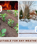 328 Foot Quarter Inch Drip Irrigation Tubing Kit With Six Inch Emitter Spacing shown in garden beds during summer and winter.