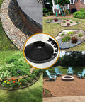 Collage showing 2 Inch 100 Ft Landscape Edging Kit With 150 Anchoring Spikes and garden setups with flower beds and pathways.