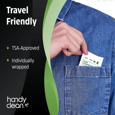 HandyClean pre-moistened lens cleaning wipes, 200 ct, individually wrapped, 6 x 5 in; TSA-approved travel wipes