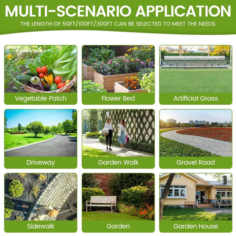 Multi-scenario application of Heavy Duty 4 Ft By 300 Ft Weed Barrier Landscape Fabric for garden beds, driveways, and more.